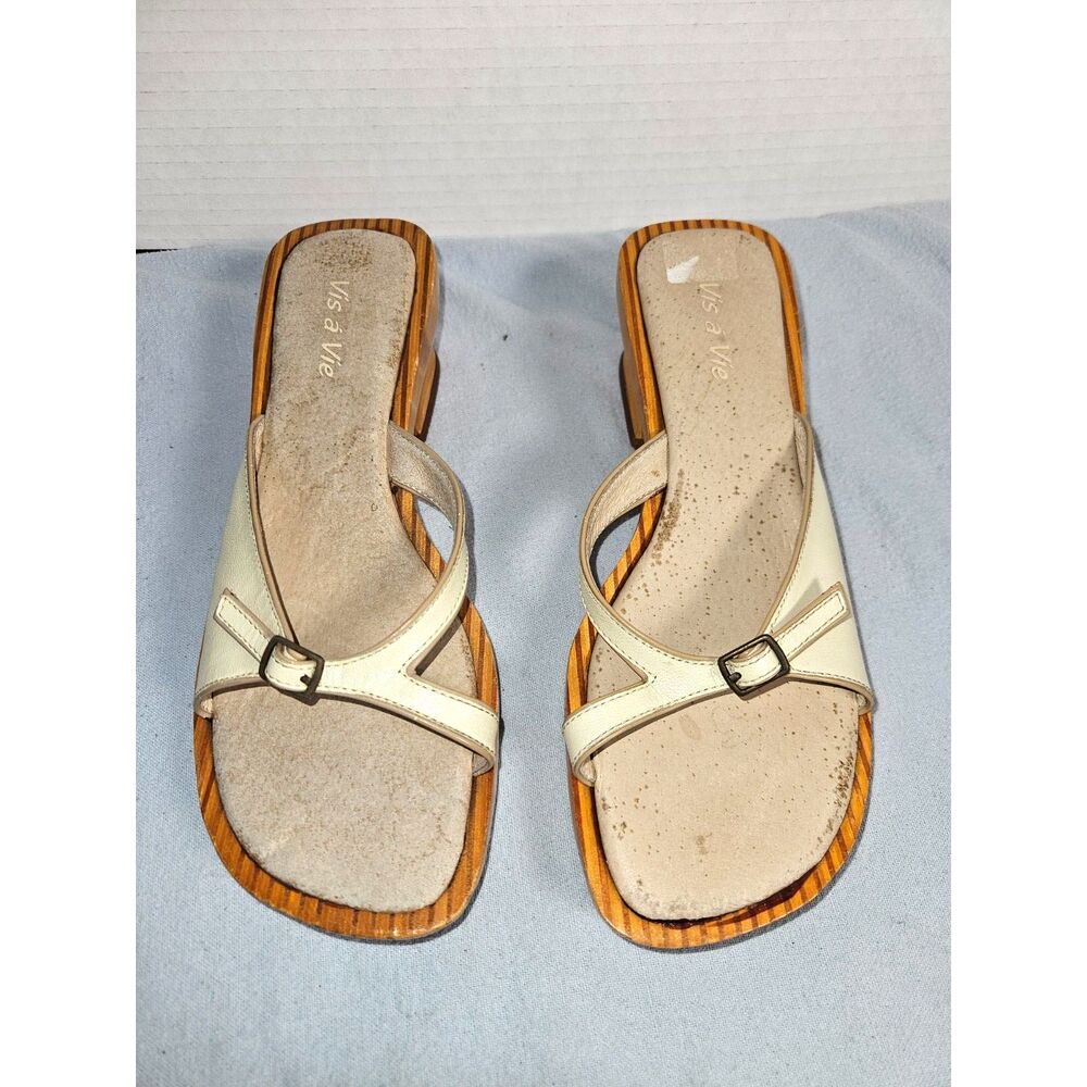 Vis a View Wooden Block Low Profile Heeled Slide Sandal Off White Size 5 - Flaws